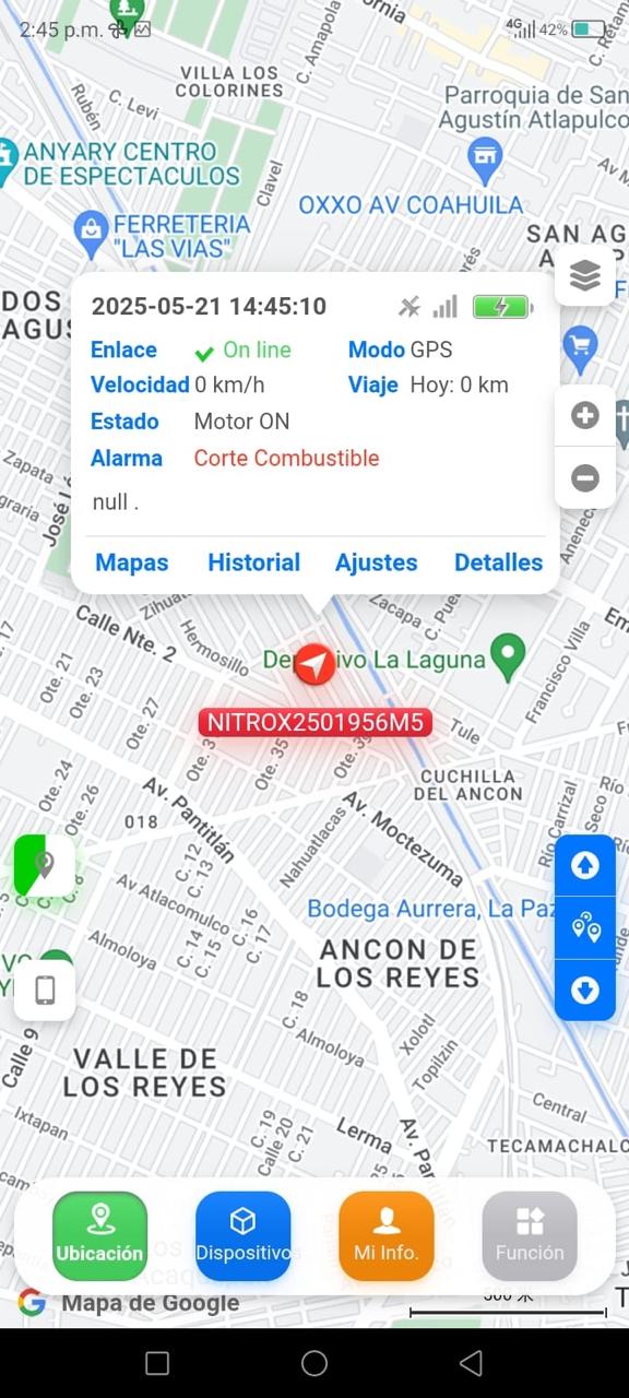 Vista de la aplicación de monitoreo de flotillas