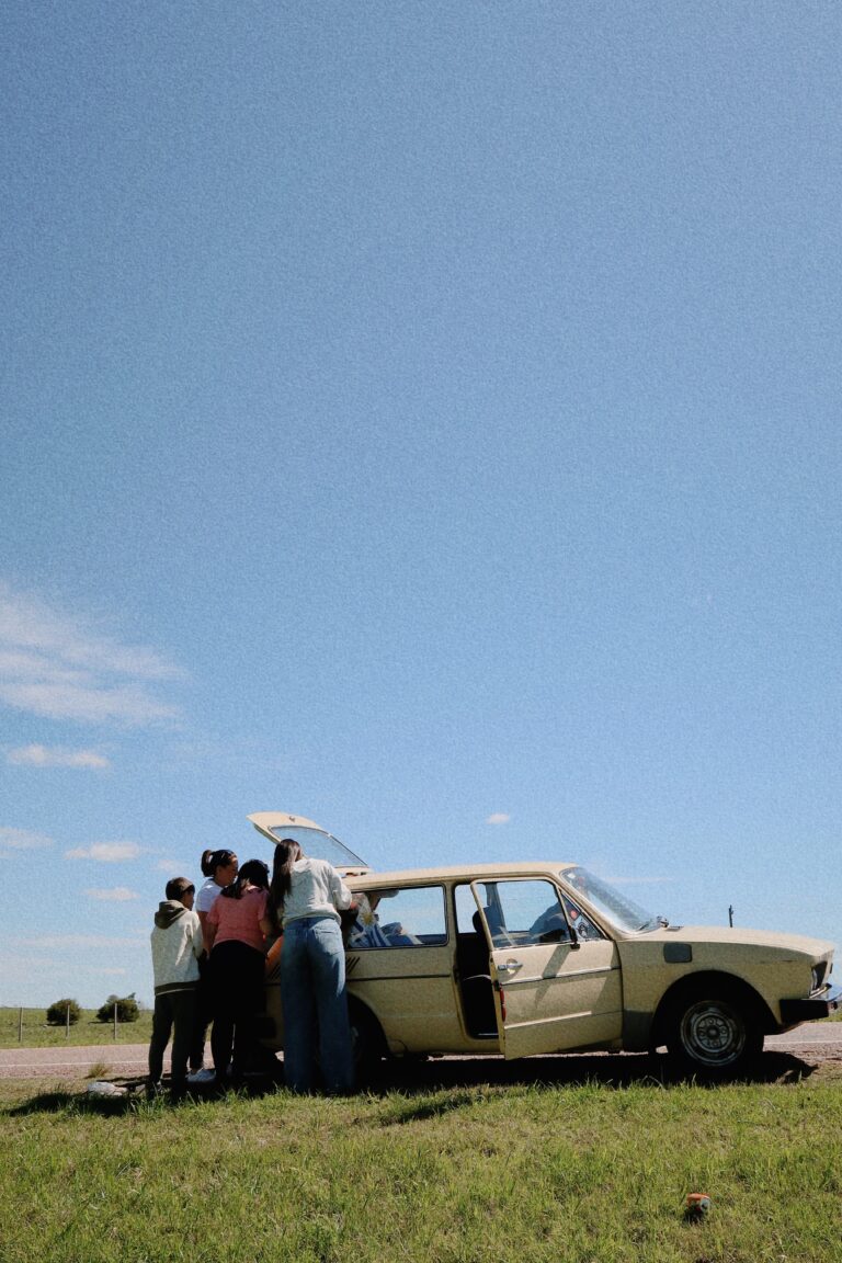 Familia junto a su auto en un día de campo